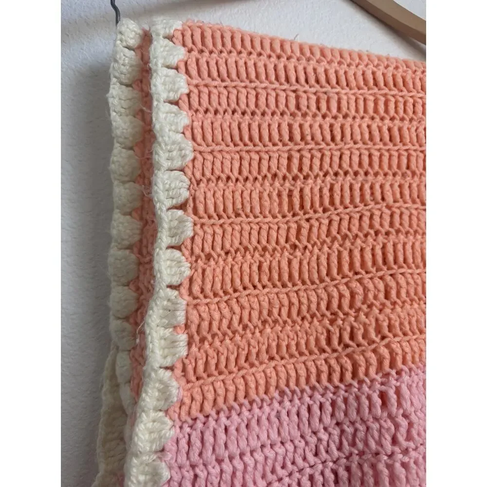 Handmade Pink~Peach~Ivory Crochet Knit Baby Blanket Quilt 64”x33”